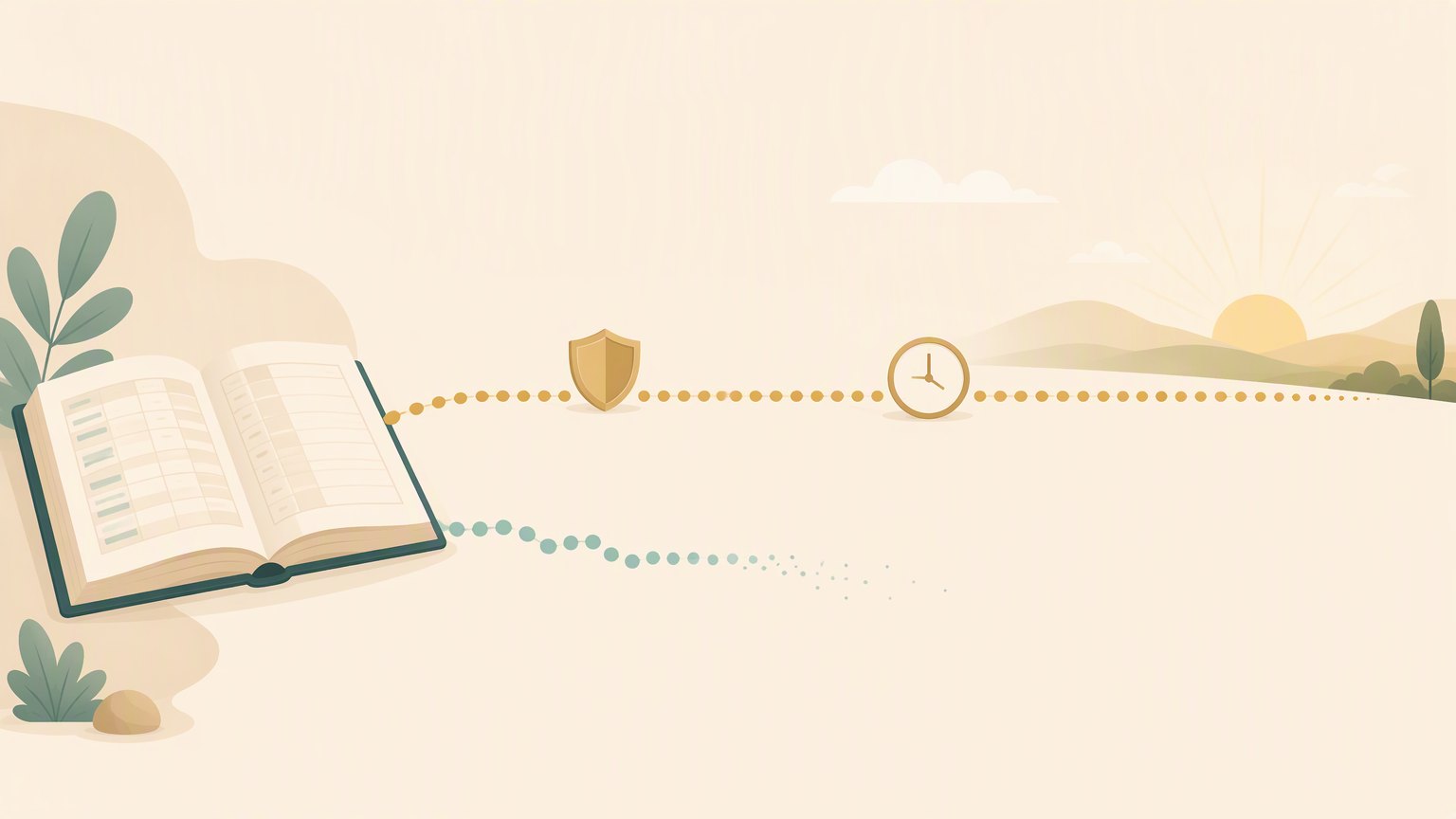 An illustration of two dotted trails leaving an open logbook: a continuous gold trail running past a shield and a clock towards the horizon, and a soft teal trail dissolving into nothing after a short distance.